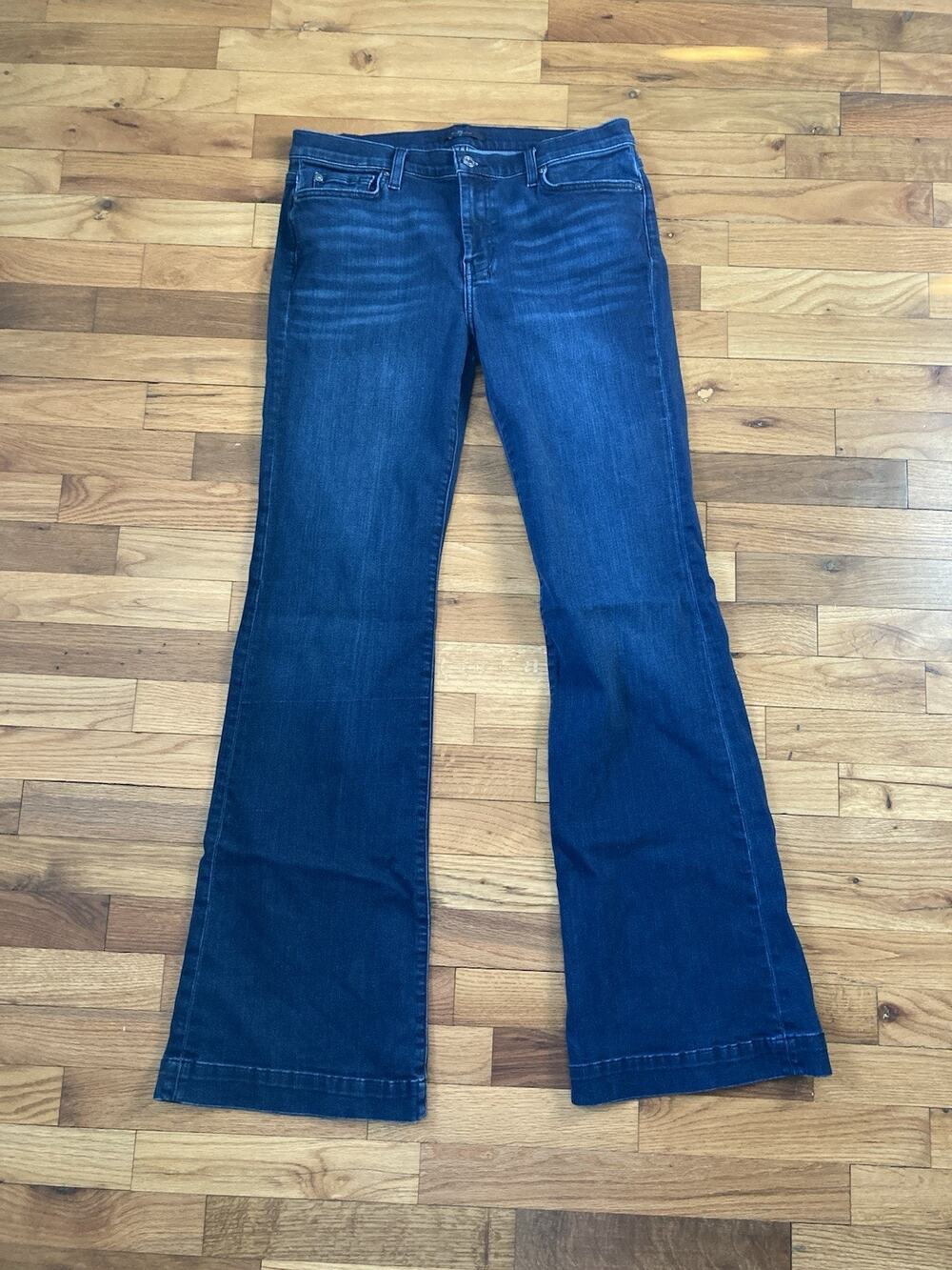 Y2K 7 For All Mankind Dojo Flared Jeans 31 x 34 Tall Low Rise Dark Wash Denim
